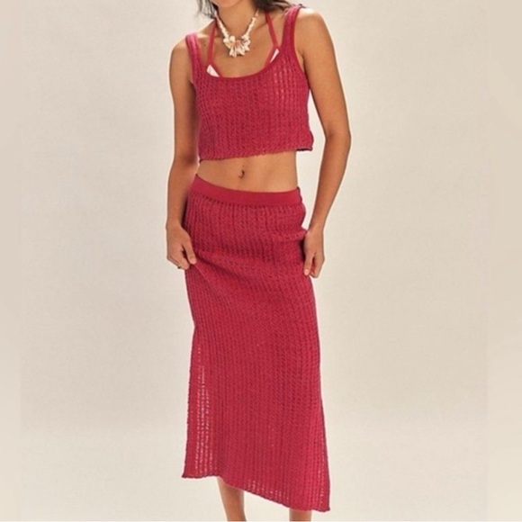 Free People Dresses & Skirts - FP Beach Small Set Havana Sweater Set Free People in Love Potion Red Cotton Knit